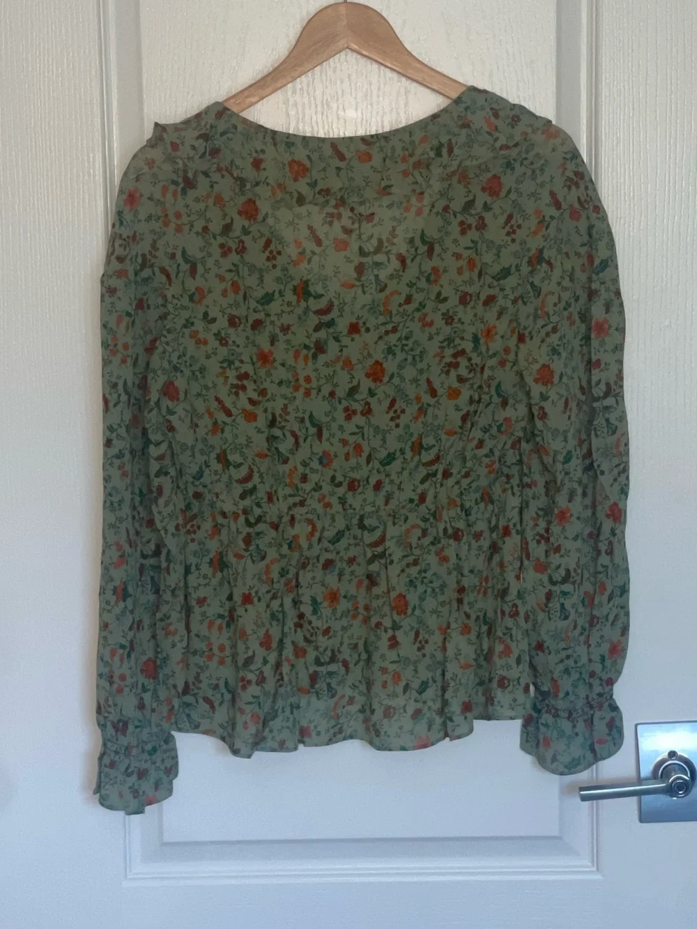 NEW REFORMATION Wyn Top PONDEROSA Green Floral Ruffle TieNeck Blouse Puff Sleeve